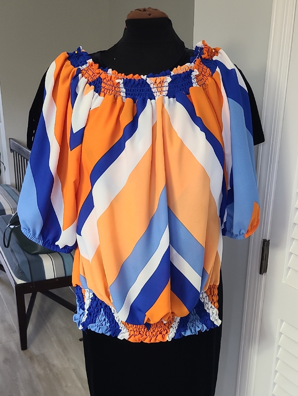 Stylish Off-Shoulder Puff Sleeve Top in Orange & Blue